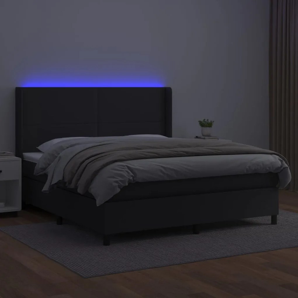 Cama box spring c/ colchão/LED 180x200cm couro artificial preto