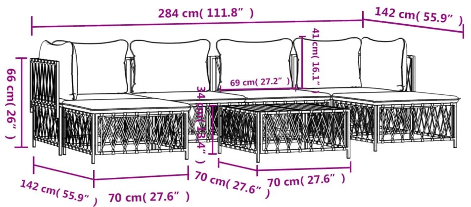 7 pcs conjunto lounge de jardim com almofadões aço branco