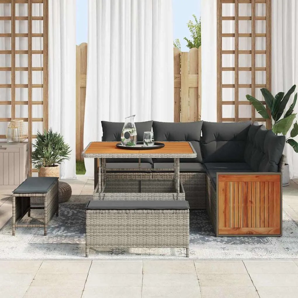 Conjunto de Sofá de Jardim vidaXL com Almofadas Cinzento Vime Sintétic
