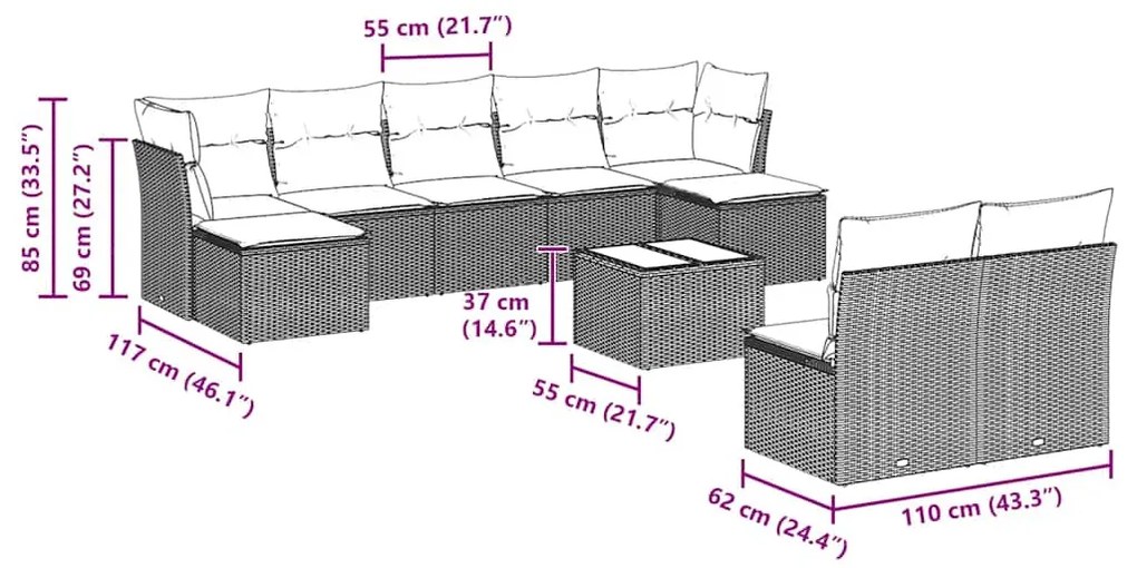 10 pcs conj. sofás jardim com almofadões vime PE cinzento-claro