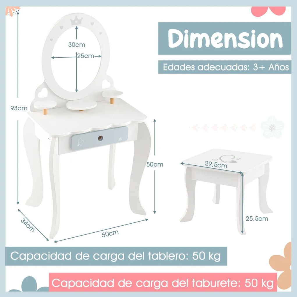 Conjunto de Toucador Infantil de Madeira 2 em 1 com Banco e Espelho Destacável com Gaveta Mesa de Maquilhagem para Raparigas com Cadeira Branco