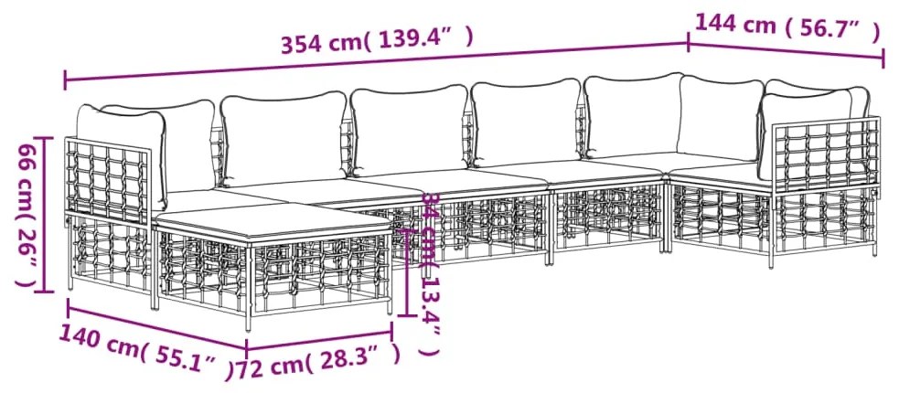 7 pcs conjunto lounge de jardim c/ almofadões vime PE antracite