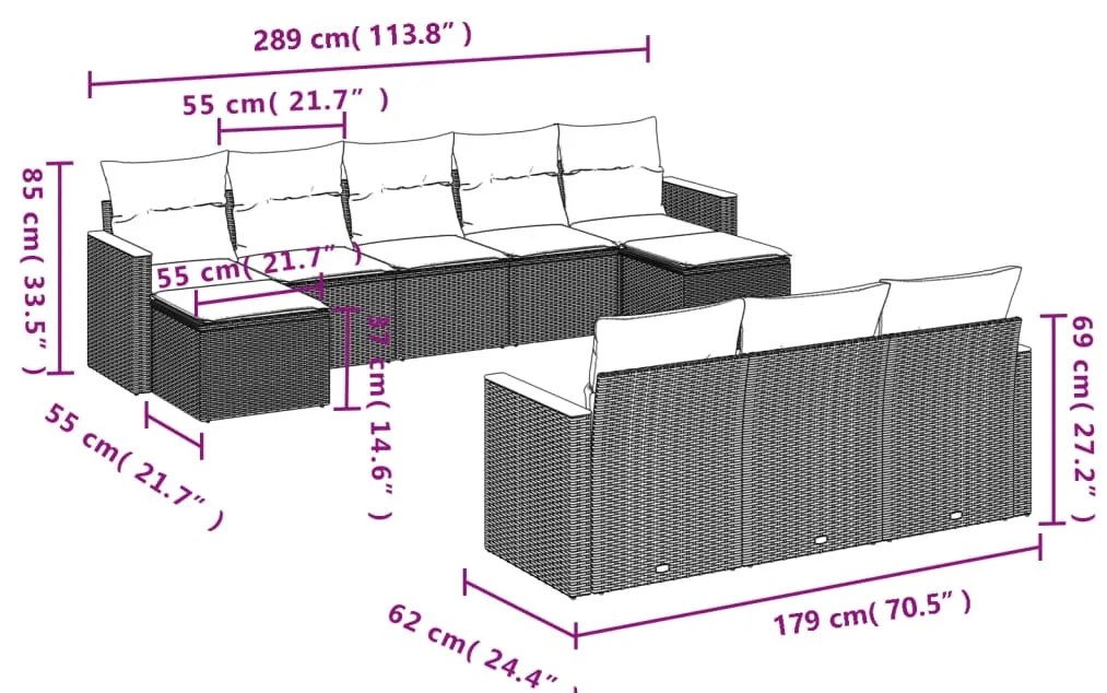 10 pcs conjunto de sofás p/ jardim com almofadões vime PE bege