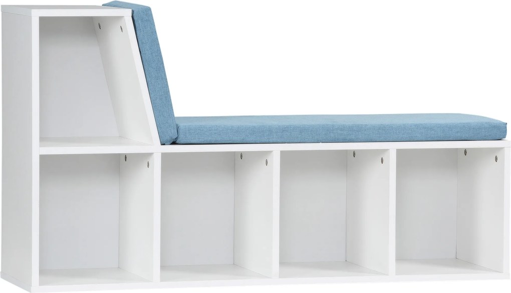 Banco 2 em 1 com 5 compartimentos de arrumação e 2 almofadas, 108 x 30 x 60 cm, branco e azul