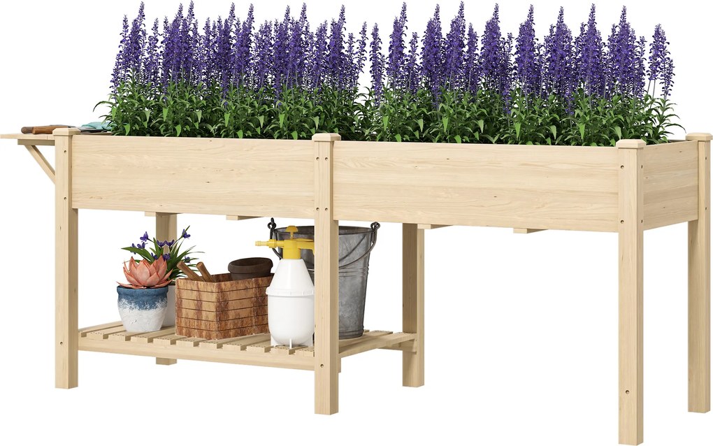 Floreira com pés, floreira, para horta, com 2 compartimentos, prateleira inferior, 207 x 59 x 78 cm, madeira natural