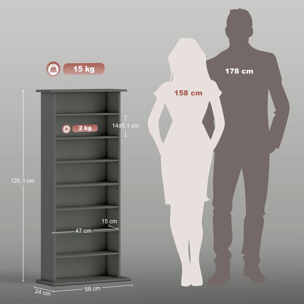 Organizador para CD e DVD com 8 compartimentos e 6 prateleiras ajustáveis, capacidade máxima de 360 CD/185 DVD e Blu-ray, cinzento