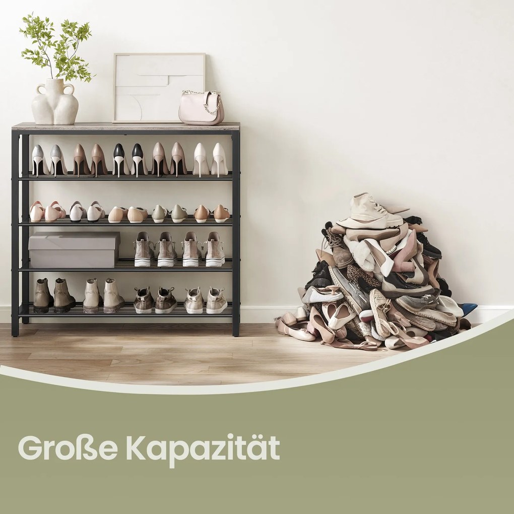 Sapateira com 4 níveis de grelha 30 x 100 x 92,5 cm e superfície espaçosa para bolsas, área de entrada cinza-preto