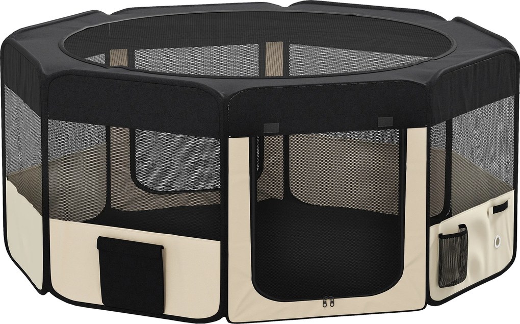 PawHut Parque Dobrável para Cães e Gatos Cercado Portátil para Animais Pequenos em Tecido Oxford Impermeável com 2 Portas Ø90x41 cm Preto | Aosom Portugal