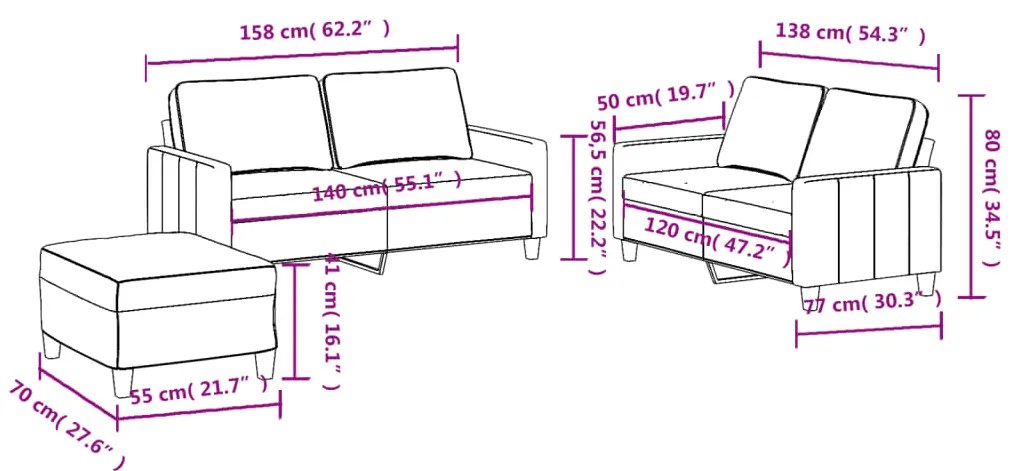 3 pcs conjunto de sofás com almofadões tecido cinzento-claro