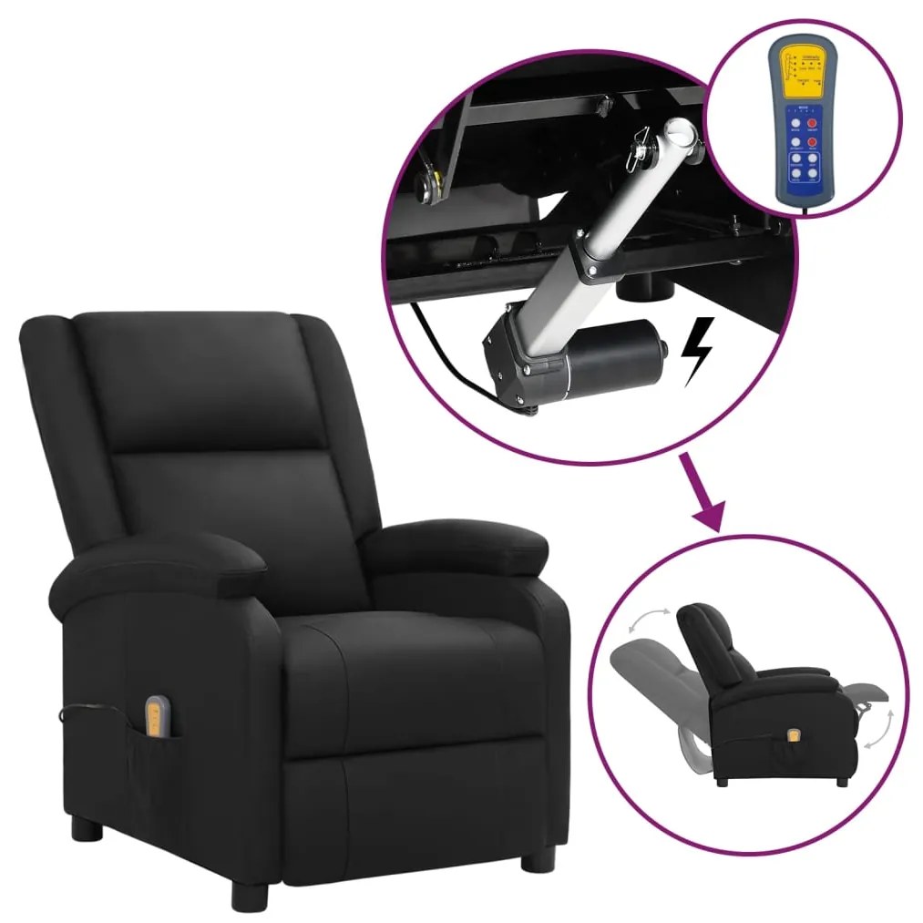 vidaXL Poltrona de massagens elevatória couro genuíno preto