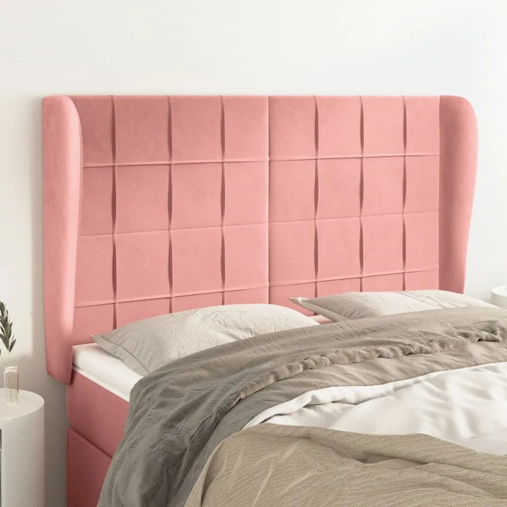 Cabeceira de cama c/ abas veludo 147x23x118/128 cm rosa
