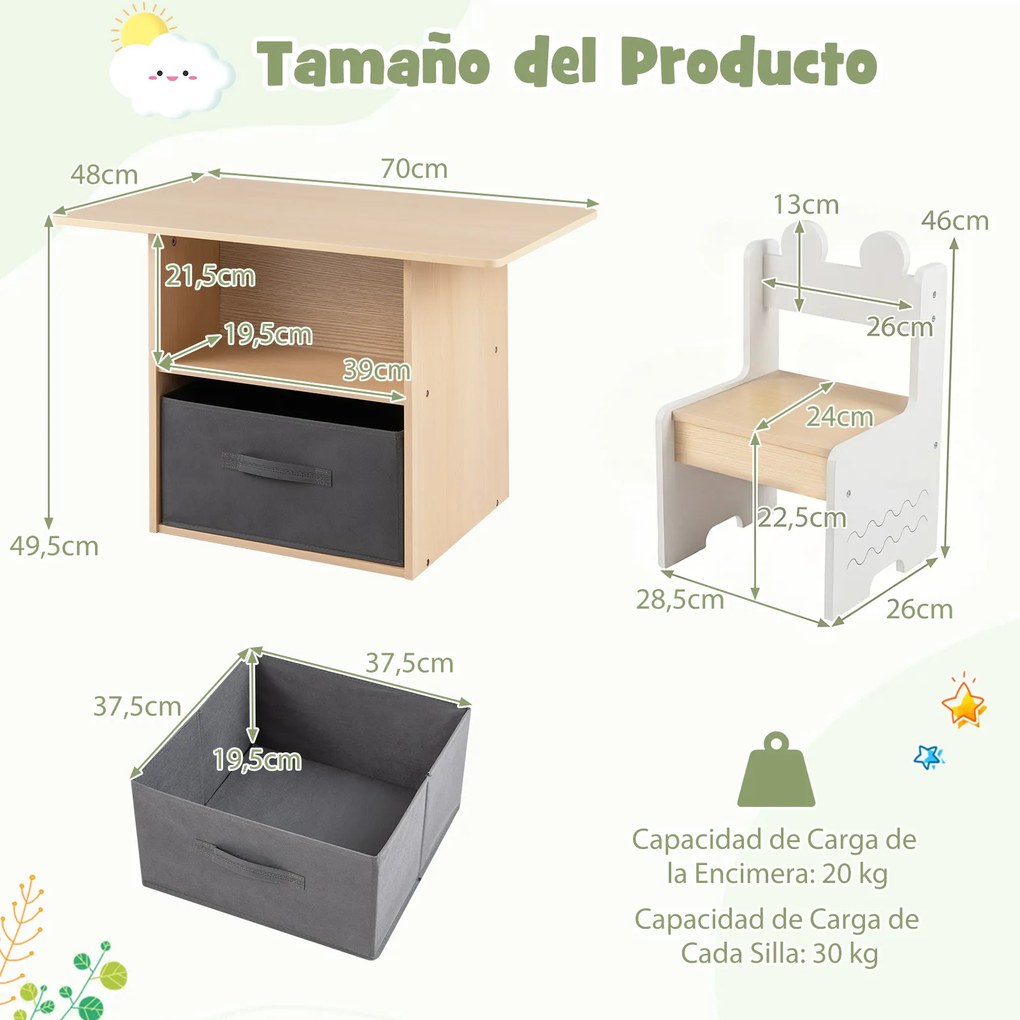 Conjunto de mesa e 2 cadeiras infantis; mesa de atividades com gavetas; tecido; dobrável; compartimentos de arrumação; para crianças a partir dos 3 an