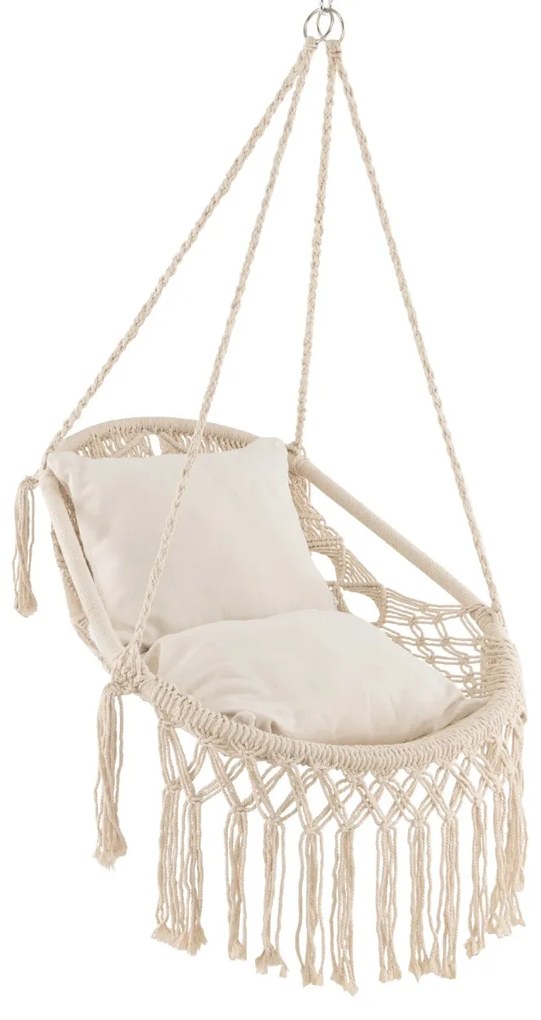 Cadeira suspensa jardim 101 x 69 cm com franjas 2 almofadas macias para o assento Corda e corrente Capacidade de carga 150 kg Bege