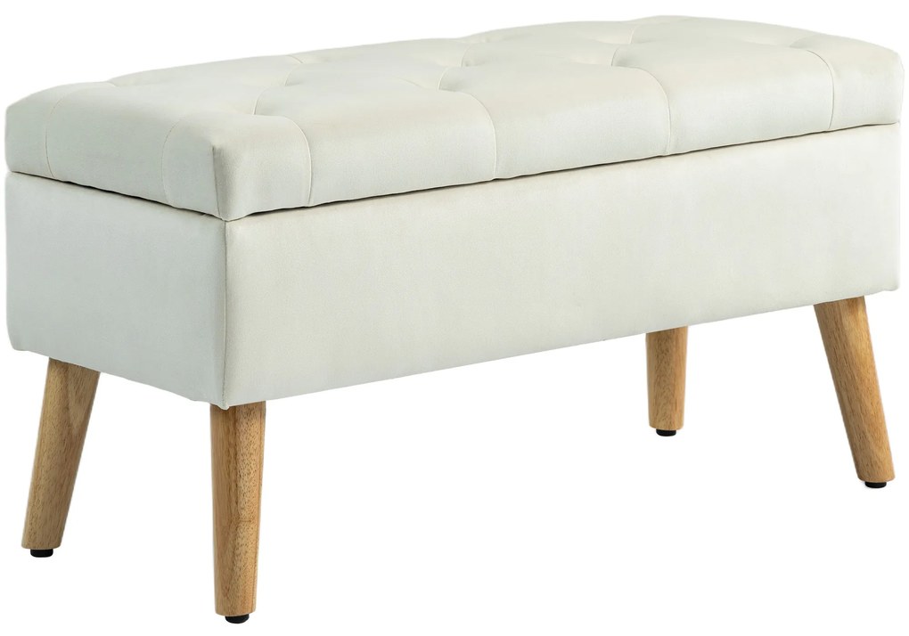 HOMCOM Banco de Armazenamento Baú de Armazenamento Tecido Efeito Veludo Pés em Madeira Carga Máxima 120 Kg 80x35x40 cm Creme | Aosom Portugal