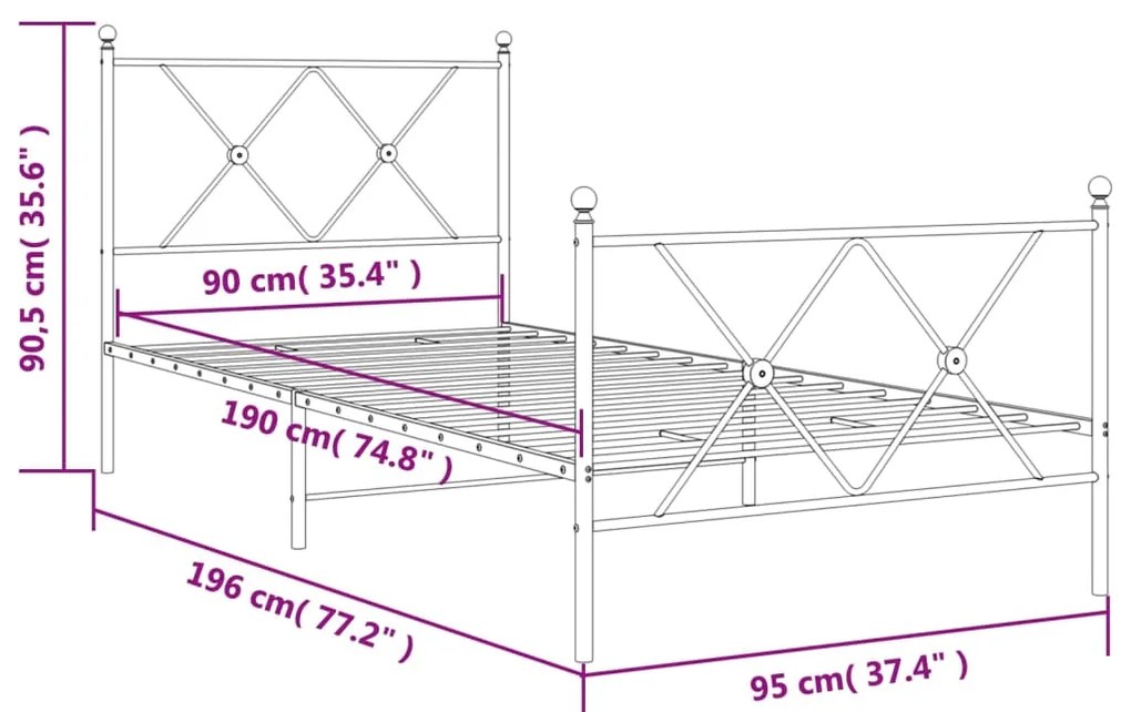 Estrutura de cama com cabeceira e pés 90x190 cm metal preto