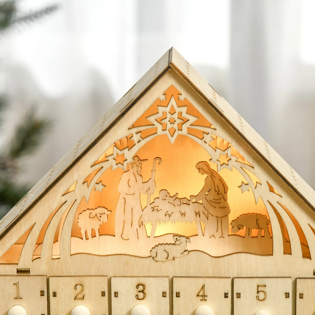 HOMCOM Calendário de Advento de Madeira com Luzes Calendário de Advento com 24 Caixas de Contagem Regressiva Decoração de Natal 26,6x6x30 cm Madeira