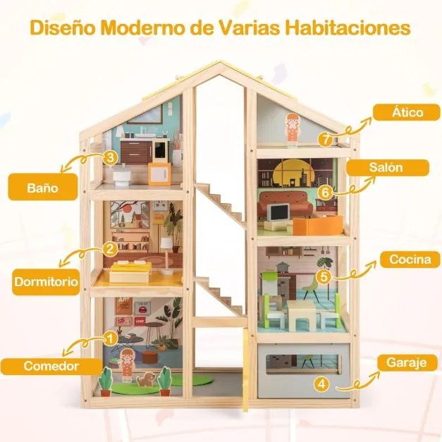 Casa de bonecas de madeira 60 x 30 x 75 cm com 7 quartos, 18 peças de mobiliário, 3 bonecos e 1 cão de estimação para maiores de 3 anos natural