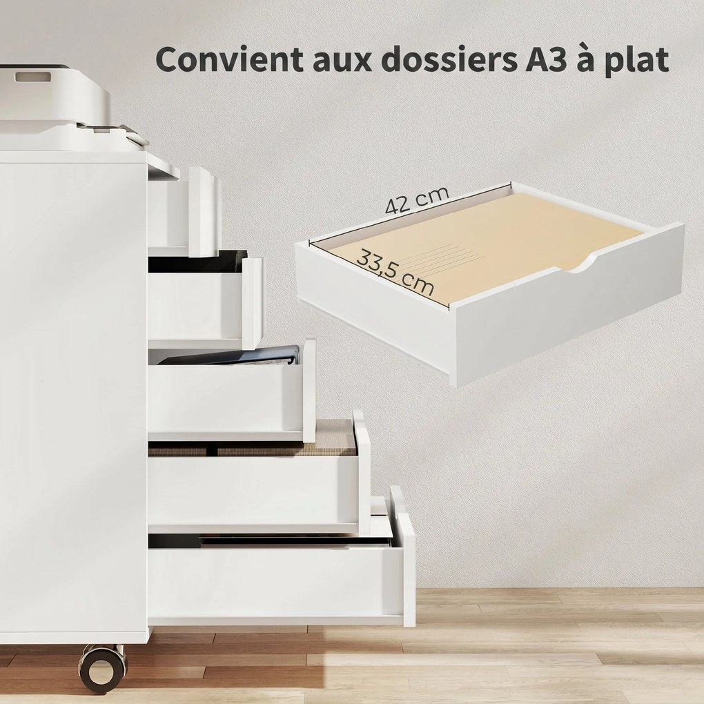 Bloco Gavetas de secretária 50x40x67,5cm móvel com 5 gavetas, móvel de arrumação de escritório com Rodas para documentos A3/Carta/A4, branco