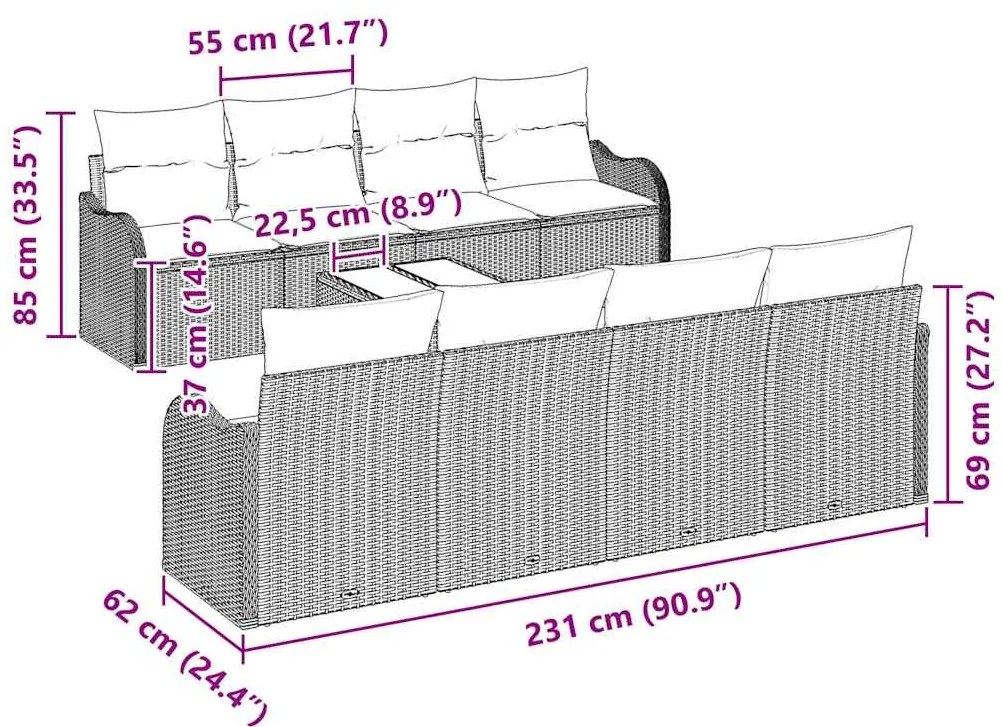 Conjunto de Sofá de Jardim vidaXL de 9 Peças com Almofadas Bege Polira