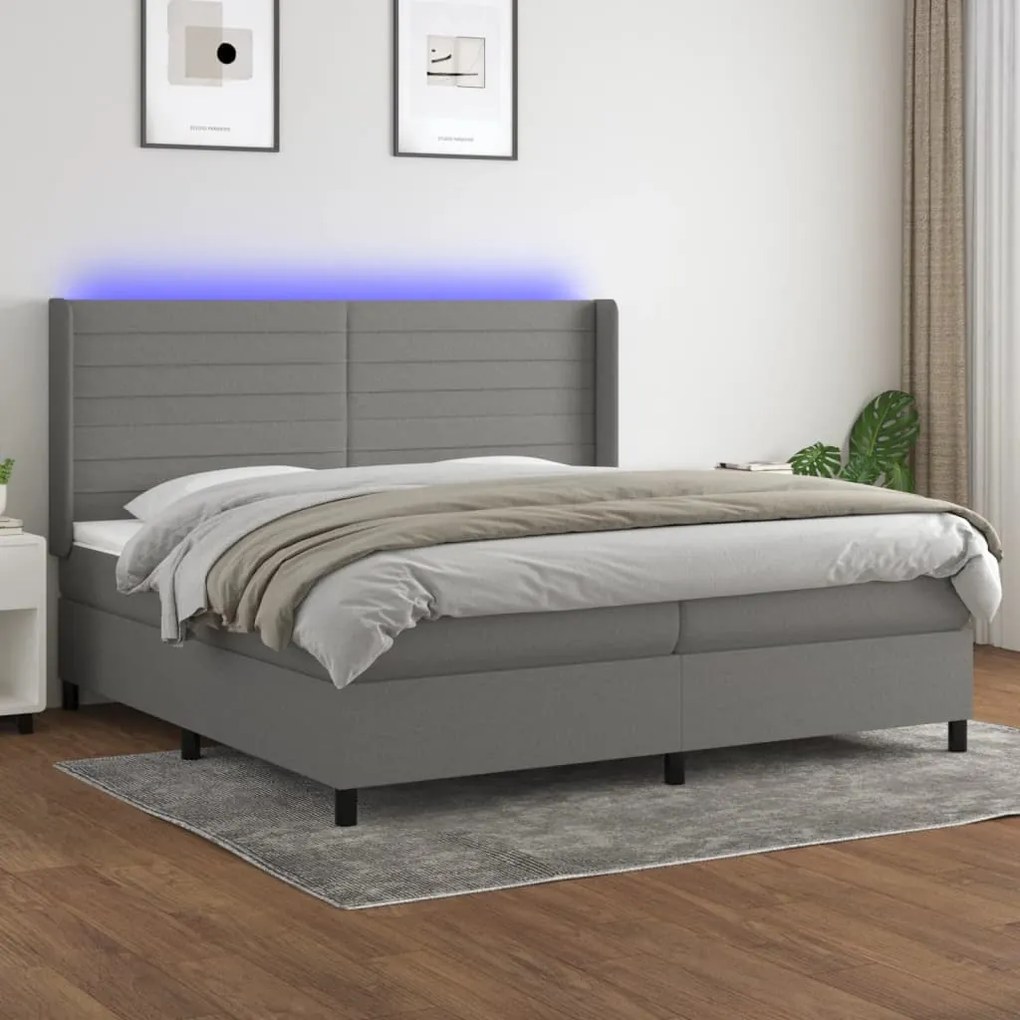 Cama box spring c/ colchão e LED 200x200 cm tecido cinza-escuro