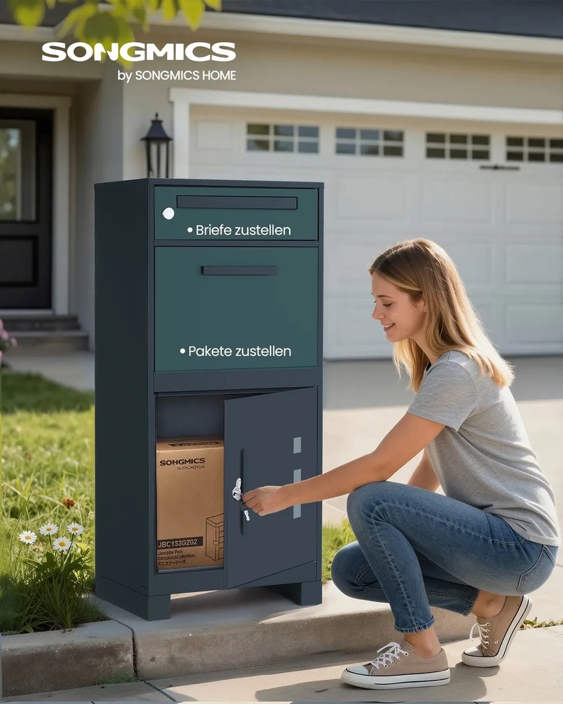 Caixa de correio 34 x 48 x 106 cm com compartimento para encomendas e fechadura de segurança na tampa para envios, cor antracite