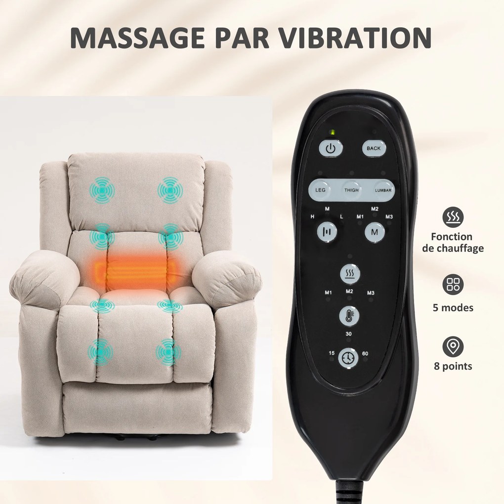 Poltrona elevatória elétrica com massagem e aquecimento, apoio para os pés, encosto reclinável, comando à distância e bolso lateral bege
