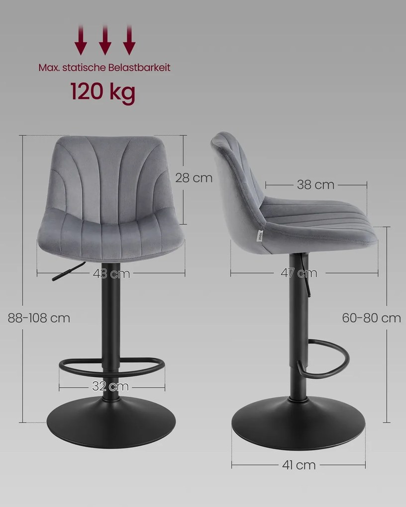 Conjunto 2 bancos bar com encosto e assento giratório 46,5 x 43 x (88-108) cm em veludo cinza ardósia