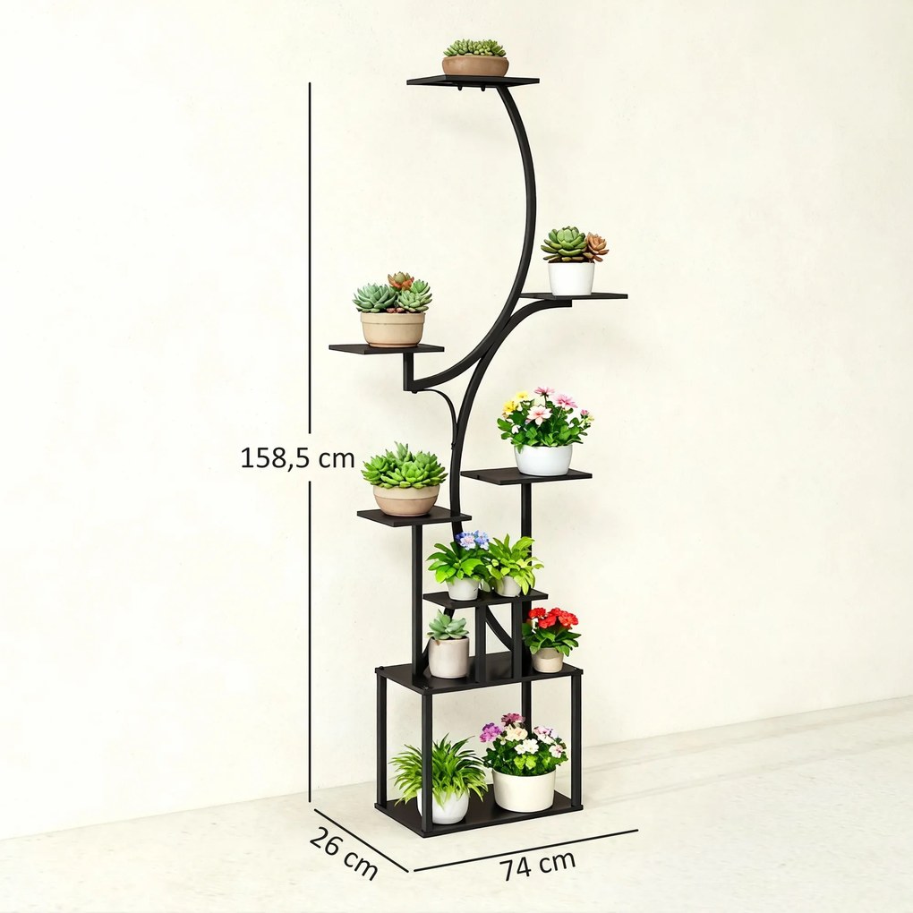 Estante para flores em metal com 8 níveis, estante para plantas em forma de S com 158,5 cm, para interior e exterior, preta