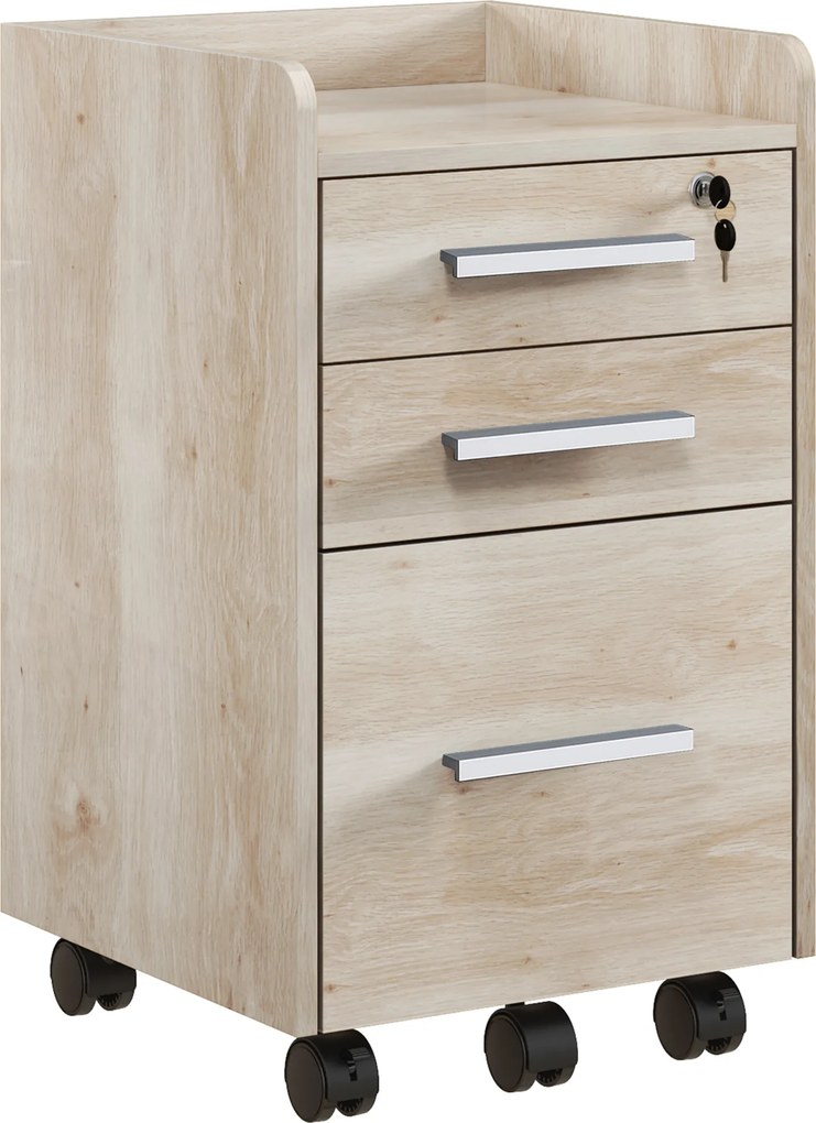 HOMCOM Gaveteiro de Escritório para Arrumação com Rodas 3 Gavetas 1 Trancável 1 Organizador de Arquivos Cor Carvalho | Aosom Portugal
