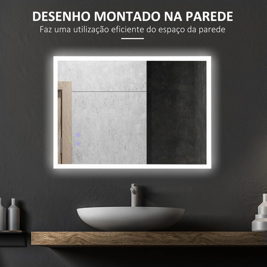 Espelho Casa de Banho com Luz LED Espelho de Parede com Iluminação 70x50cm Interruptor Tátil 3 Luzes Ajustáveis Função Anti-Embaciamento e Estrutura d