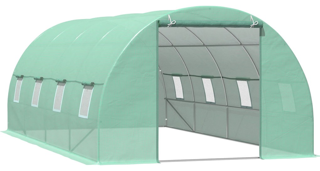 Outsunny Estufa Tipo Túnel 590x300x200cm com Porta Enrolável 8 Janelas Cobertura de PE 140g/m² e Tubo de Aço para Cultivos de Plantas Verduras Verde