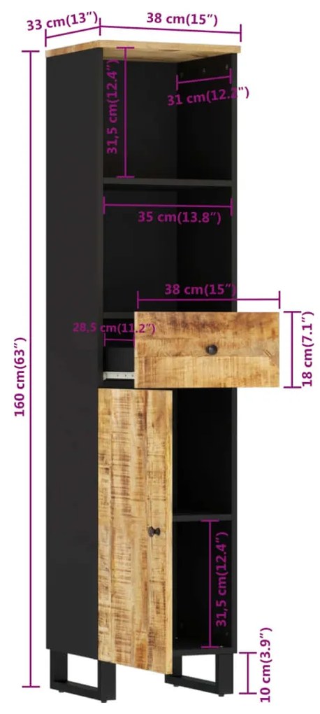 Armário de casa de banho 38x33x160 cm mangueira maciça