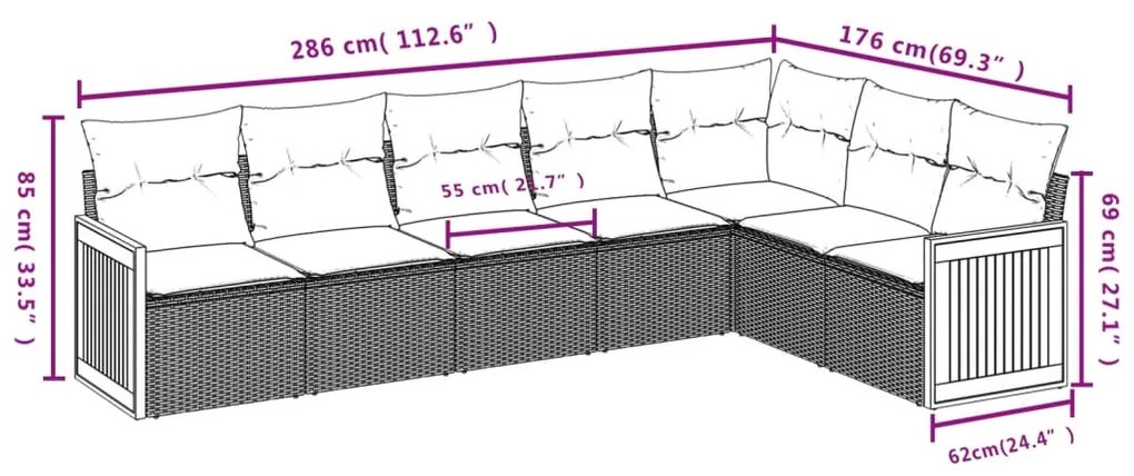 7 pcs conjunto de sofás p/ jardim c/ almofadões vime PE preto