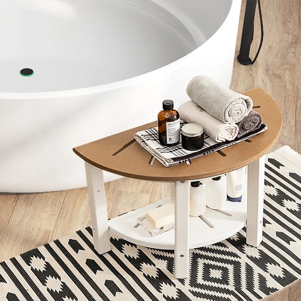Banco de casa de banho com prateleira à prova d'água 2 níveis Cadeira de banheiro 65 x 46 cm castanho e branco