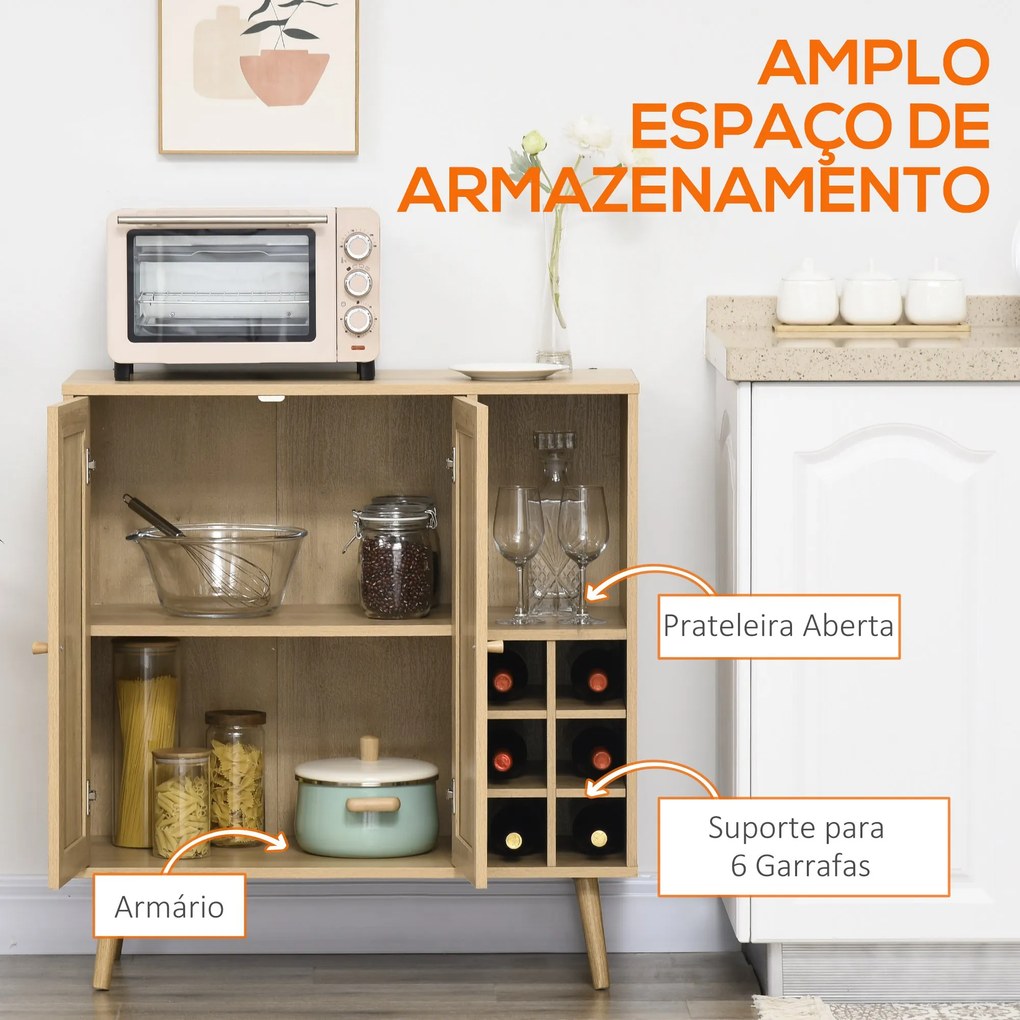 Aparador de Cozinha Móvel Buffet Auxiliar com 2 Portas de Vime Prateleira Aberta e Suporte para 6 Garrafas para Sala de Estar Sala de Jantar 83x39x88,