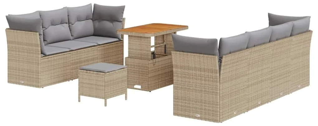 Conjunto de Sofá de Jardim de 10 Peças com Almofadas Bege Vime PE Acác