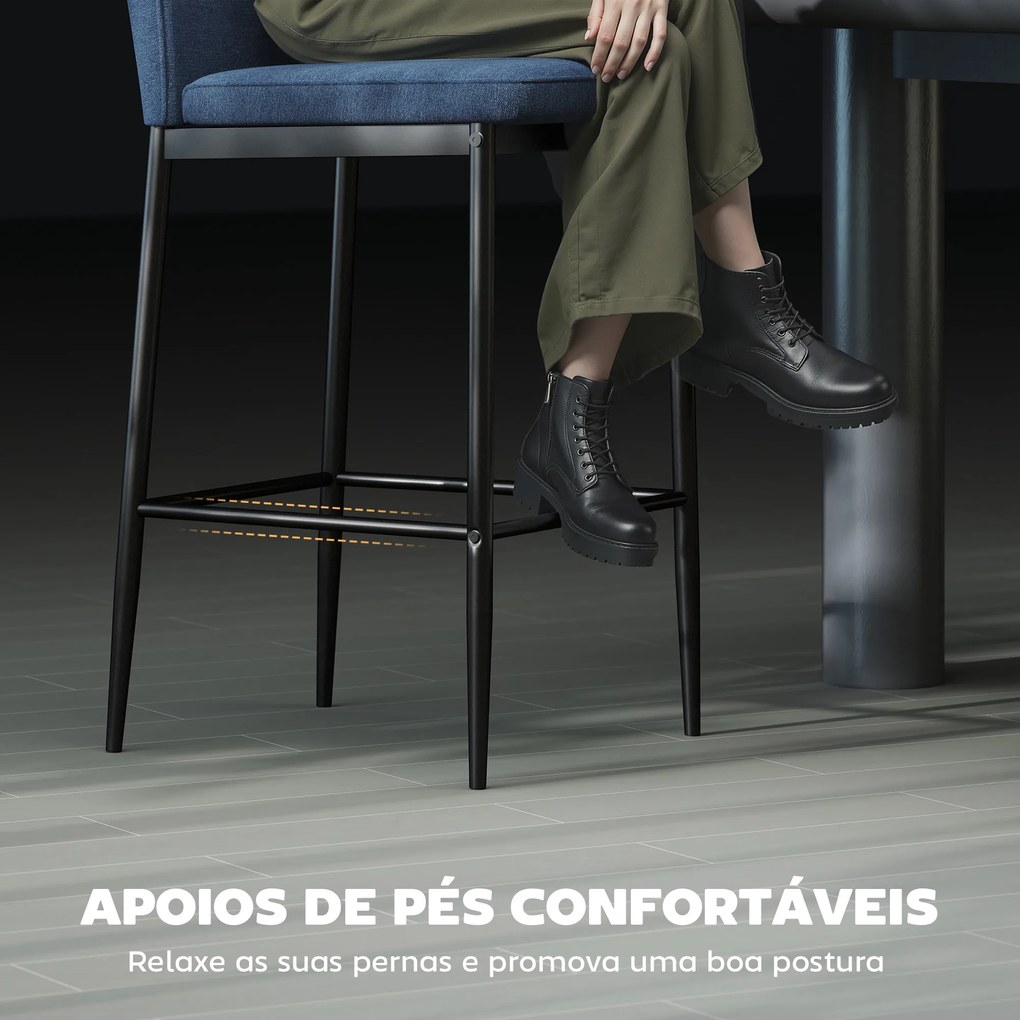 Conjunto de 2 Bancos de Bar Bancos Altos de Cozinha com Encosto e Apoio para os Pés Estofados em Veludo 41x52x97 cm Azul