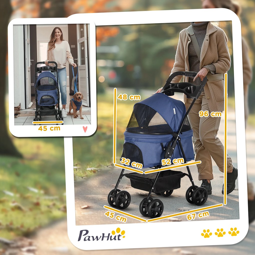 Carrinho para Cães Dobrável com Rodas Cesta de Armazenamento Correias de Segurança e Janelas 67x45x96 cm Azul Escuro