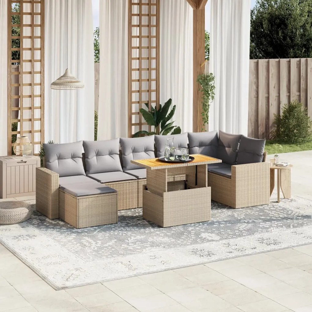 8 pcs conjunto de sofás p/ jardim com almofadões vime PE bege