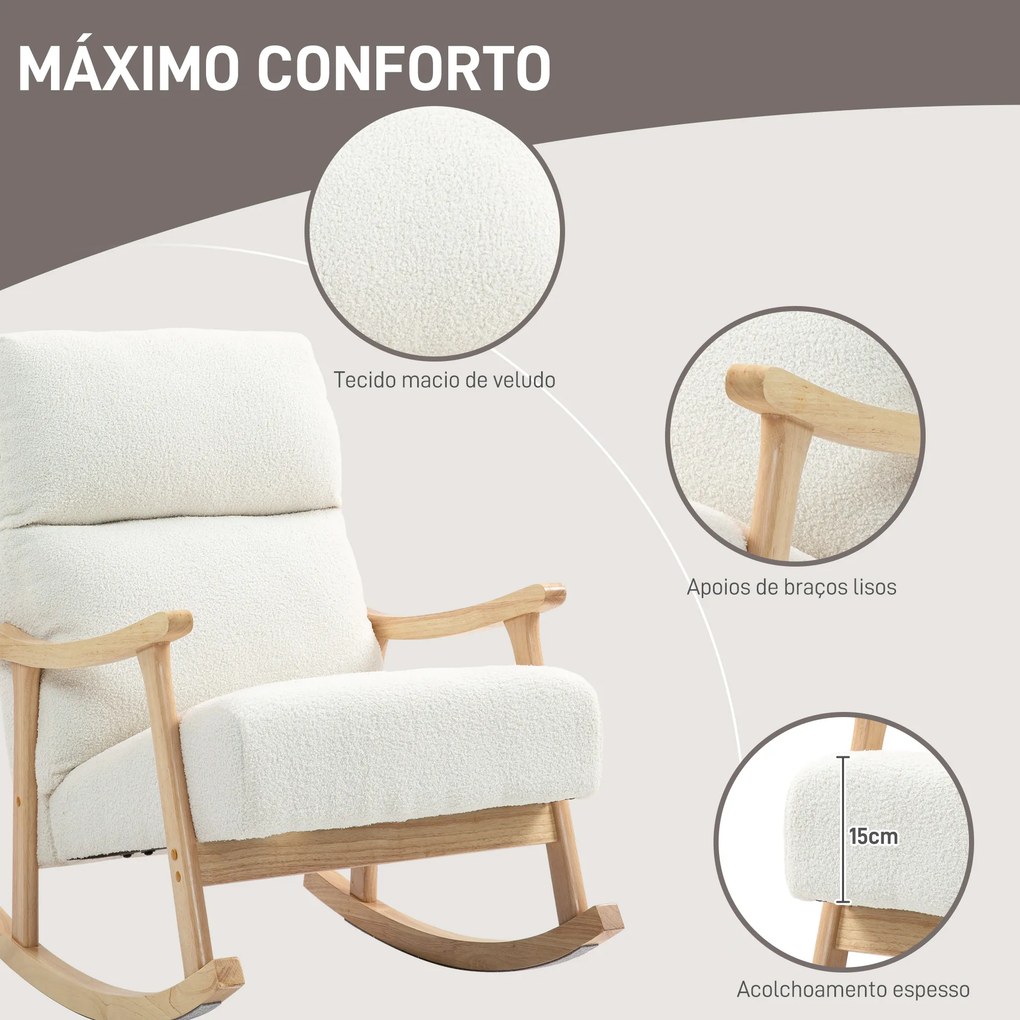Poltrona Baloiço Moderna em Borrego com Apoio para os Braços de Madeira de Faia Poltrona de Amamentação 65x90x98 cm Creme