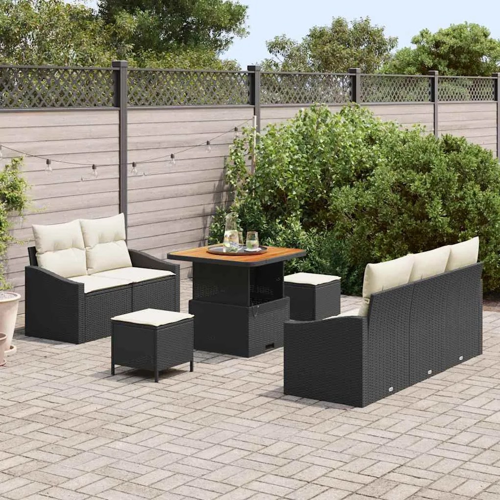 Conjunto de Sofá de Jardim de 8 Peças com Almofadas Preto Poliratan Ac