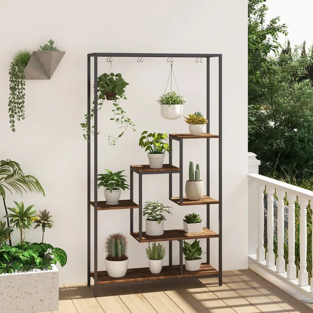 Suporte para plantas alto de 6 níveis Suporte para plantas de 6 níveis Estante de 180 cm com 10 ganchos para pendurar e prateleira de arame para varan