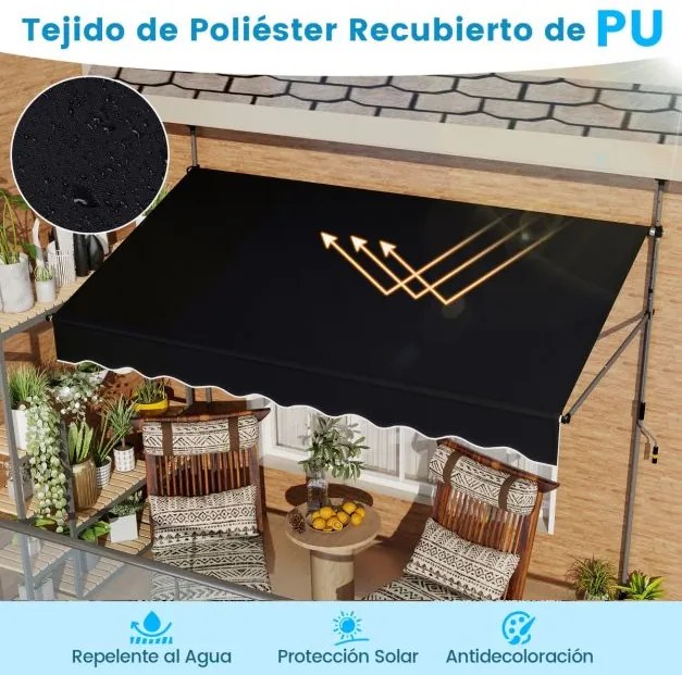 Toldo retrátil manual 2,5 m x 3 m Toldo exterior com altura ajustável Manivela e sem perfuração para janela Porta Terraço Preto
