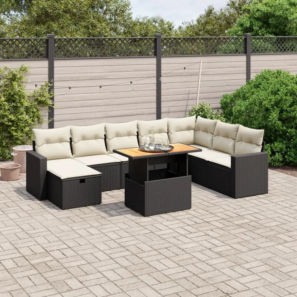 9 pcs conjunto de sofás p/ jardim c/ almofadões vime PE preto