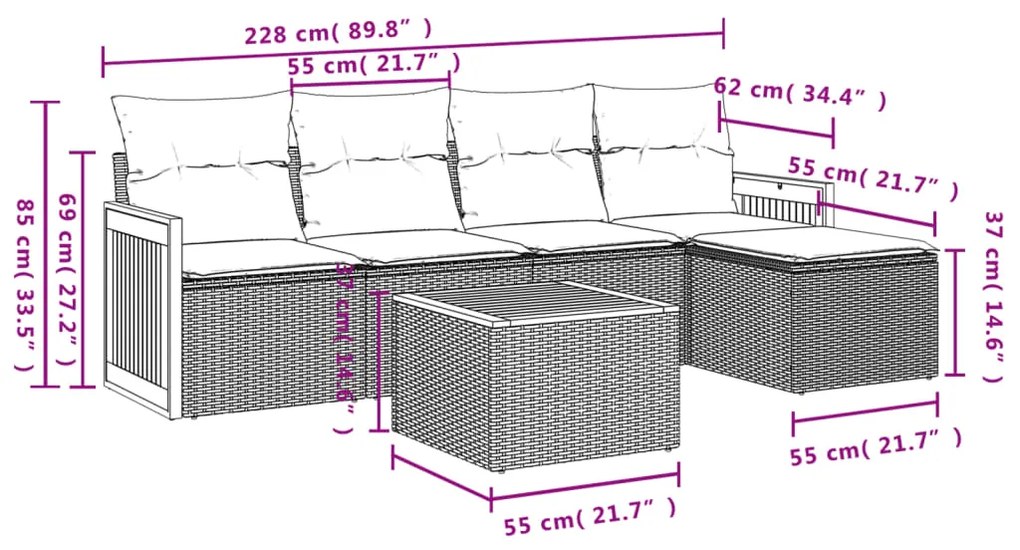 6 pcs conjunto sofás de jardim com almofadões vime cinzento