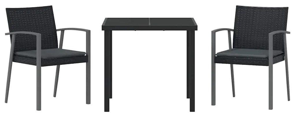 Conjunto de jantar de jardim de 3 peças com almofadas, preto, em ratta