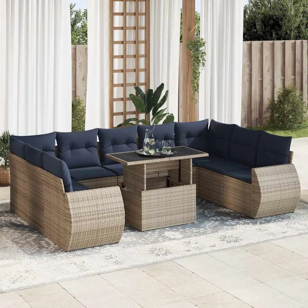 10 pcs conjunto sofás jardim almofadões vime PE/acácia cinzento