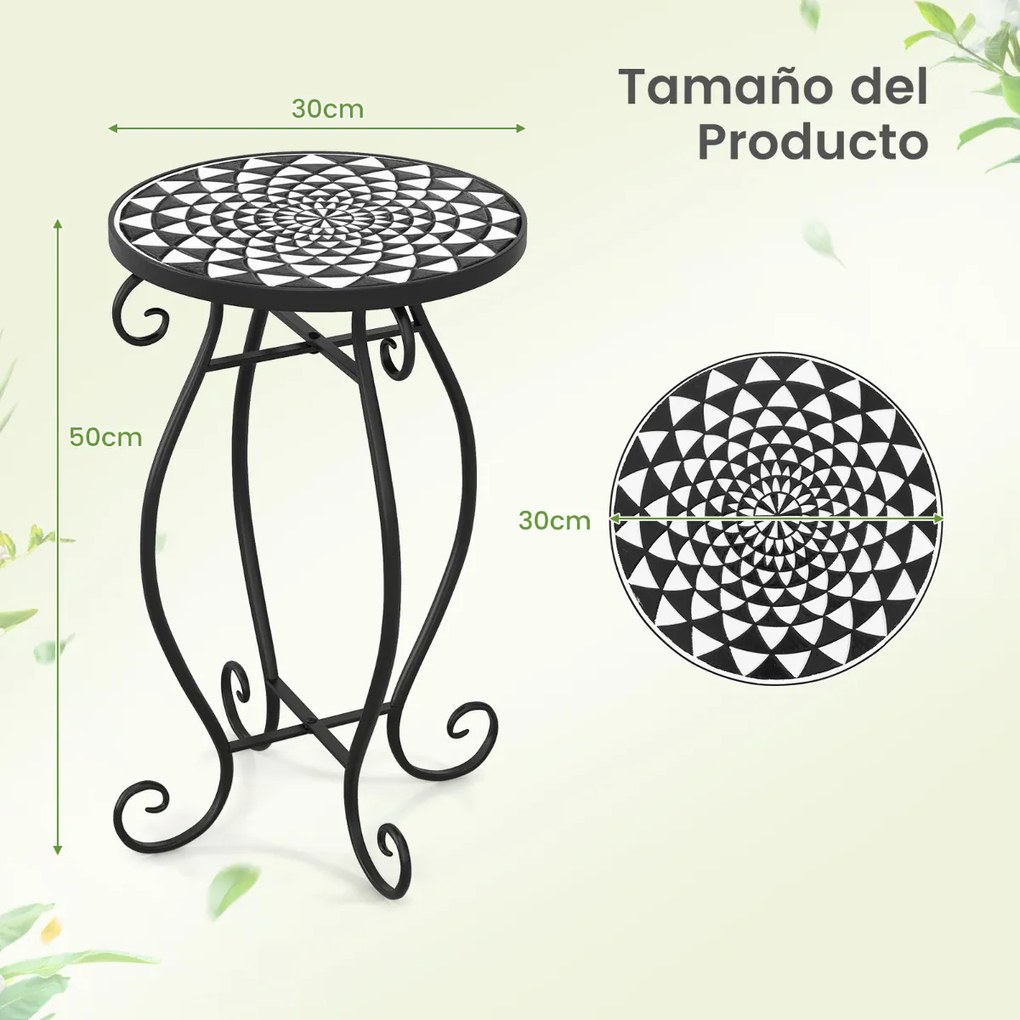Mesa Auxiliar Mosaico Exterior Mesa Redonda com Tabuleiro de Cerâmica 30 x 30 x 50 cm Preto
