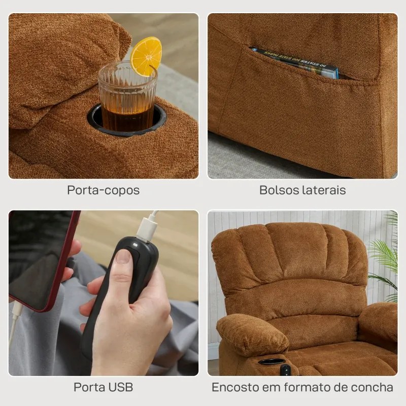 Poltrona Relax Reclinável Elétrica com Função Memória Apoia-Pés Controlo Remoto Bolsos Laterais Porta USB Porta-Copos Castanho