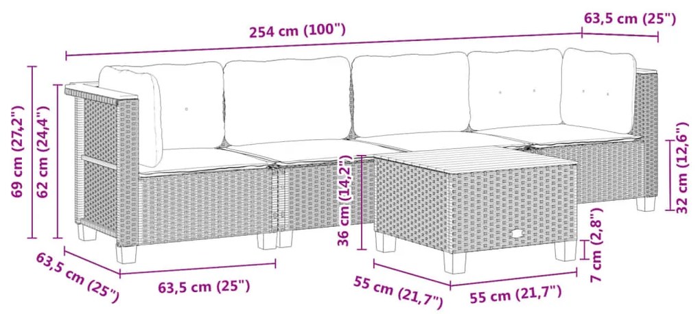 5 pcs conjunto sofás de jardim c/ almofadões vime PE cinzento